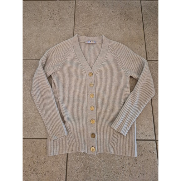 Heartbreaker 100% Cashmere Ribbed Cardigan Beige Gold Anchors Buttons - Small - Picture 3 of 10